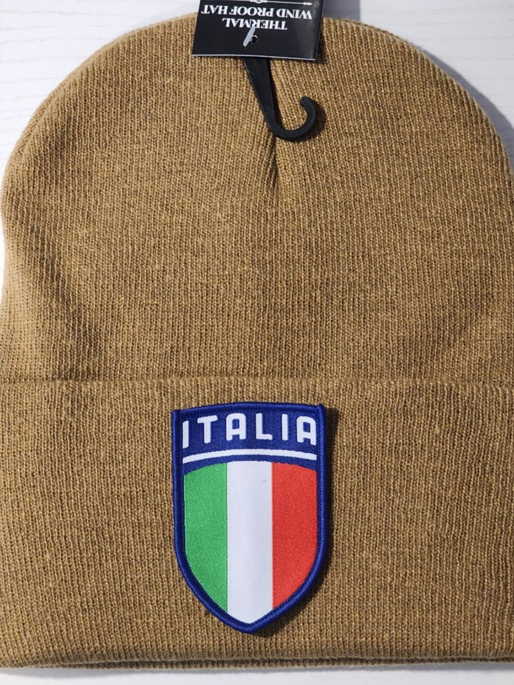 ITALIA Patched Knit Cuffed Beanie in Caramel